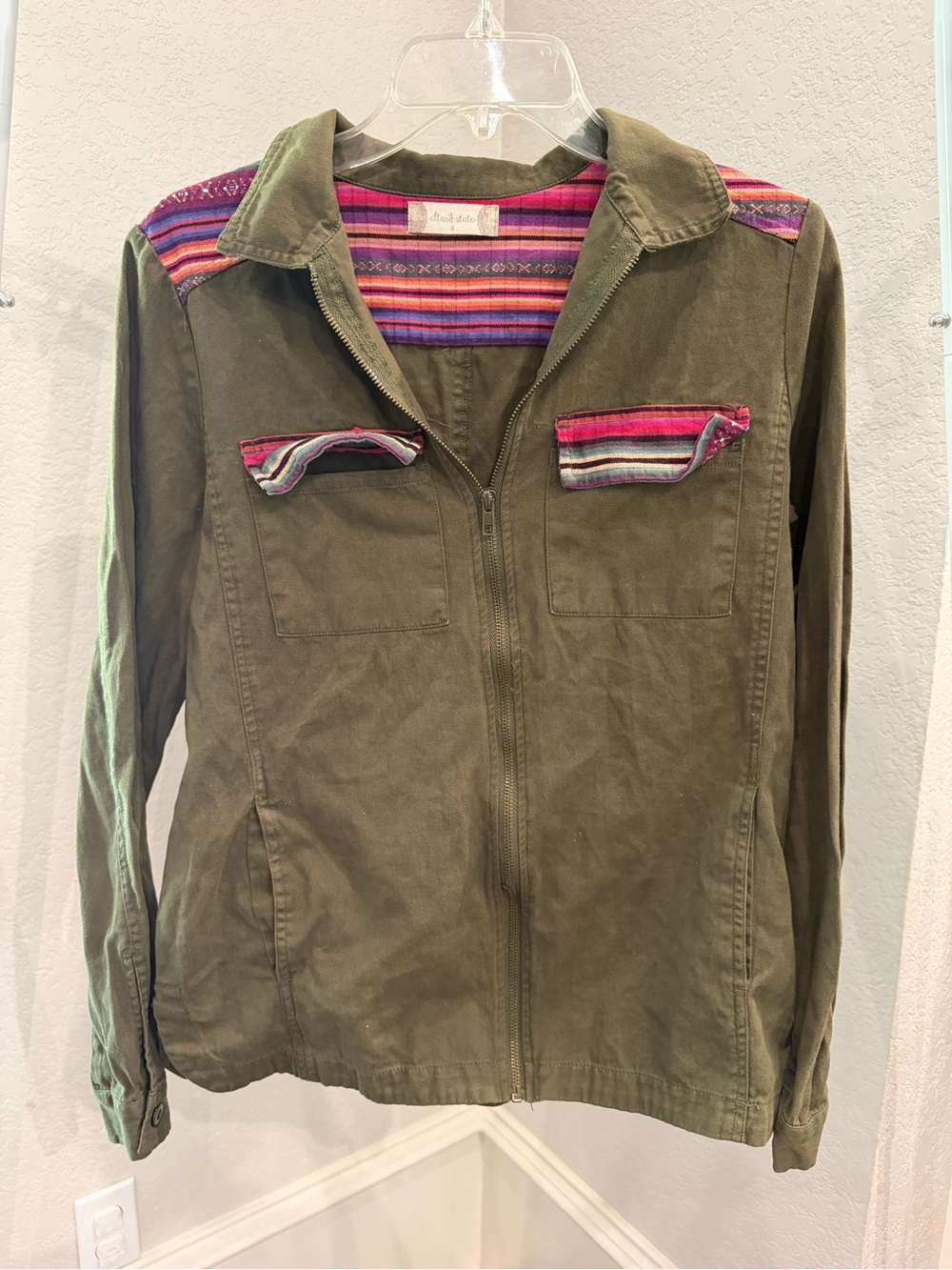 Altar'd State Olive Utility Jacket with Pink & Multicolor Stripes